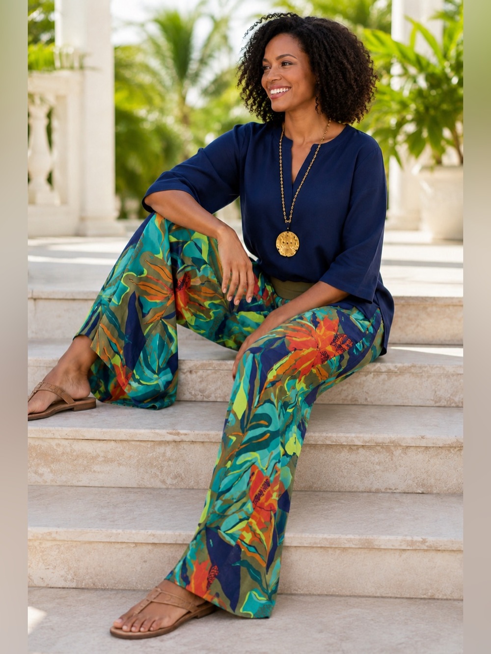 Soft Surroundings Tropical Linen Wide Leg Pants | Coastal Boho Resort • Medium